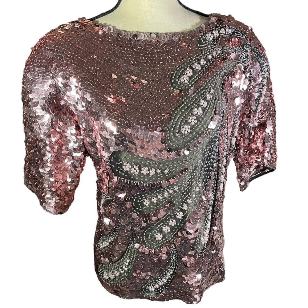 Oleg Cassini Vintage Silk Sequins Pink Black Size Small